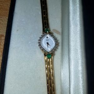 Vintage Pulsar Quartz  Womens With micro diamonds and two emaralds Gold Plated